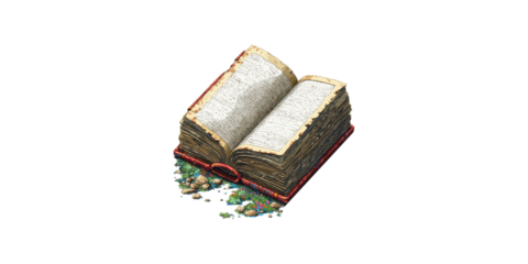 Open antique book with aged pages and red cover isolated on transparent background