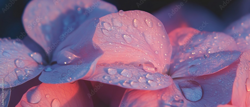 Poster close-up view of vibrant flower petals adorned with shimmering water droplets in soft light