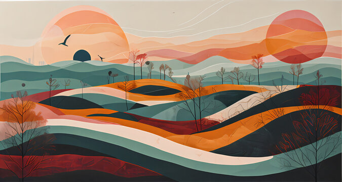 Serene Dual Sunscape - Abstract Nature Illustration