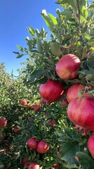 Red pomegranates hanging on a tree in the orchard..