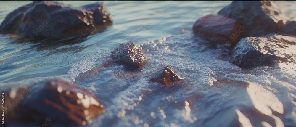 Poster Water flows gently over smooth rocks creating a tranquil scene at the river's edge