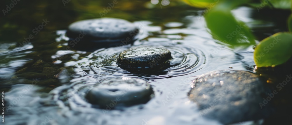Poster Water flows gently over smooth stones creating ripples in a serene natural setting