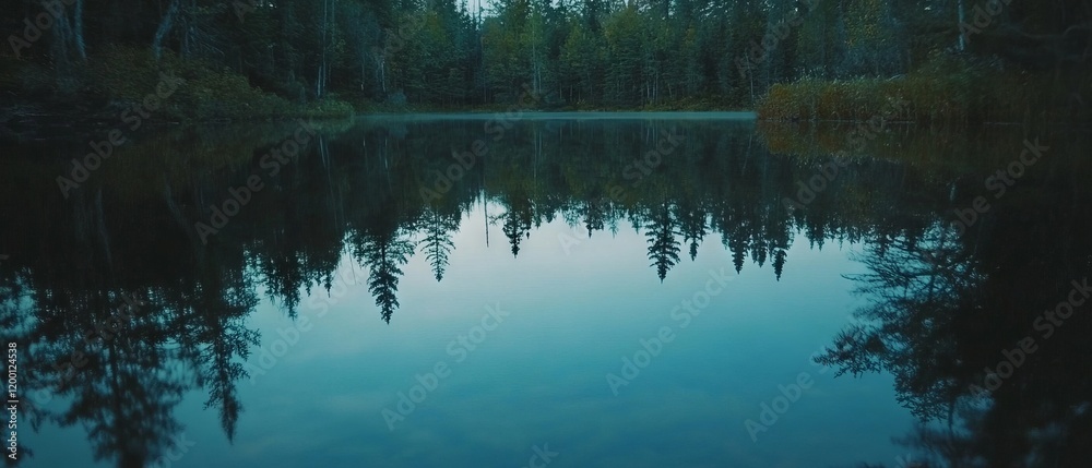 Poster reflections of trees and calm waters create a serene lake landscape at twilight