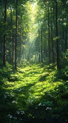 Obraz premium Sunlit forest path with lush green grass and wildflowers. Ideal for nature lovers and peaceful backgrounds.