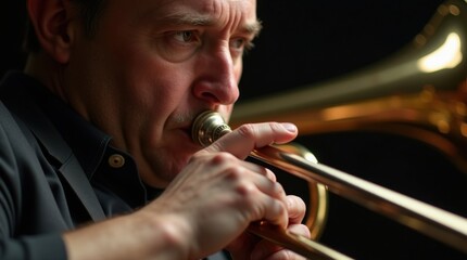 Close-up of a man's face, intensely focused as he plays a trombone. The golden instrument gleams against the dark background, highlighting the musician's skill and concentration.