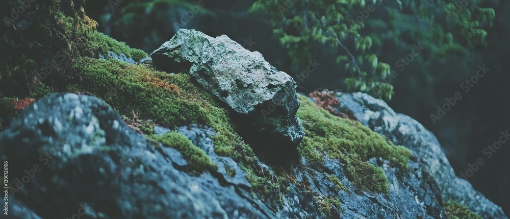 Aufkleber weathered stone with rough texture and vibrant moss in a serene natural setting