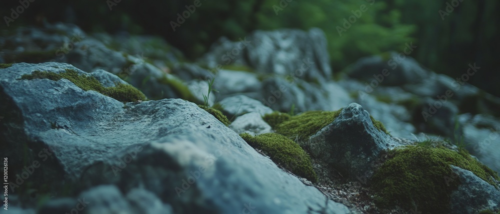 Poster weathered stone surface with moss showcasing natural textures and ages in a serene environment