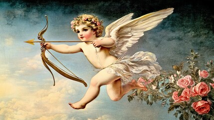 Vintage Cupid with Bow and Golden Wings