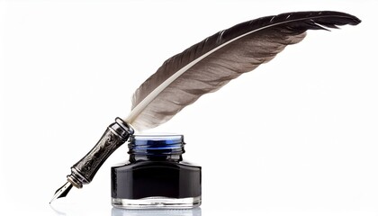 inkwell with quill pen isolated on completely white background