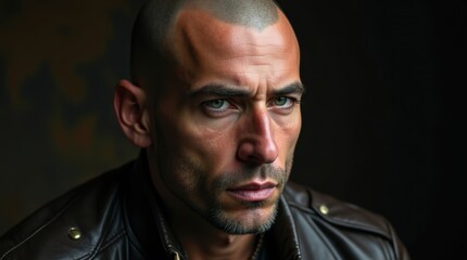 Obraz premium Close-up portrait of a serious-looking man with a shaved head, wearing a brown leather jacket. The intense gaze and dark background create a dramatic mood.