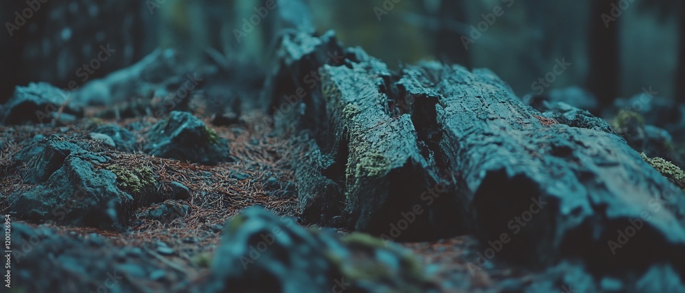 Poster wooden bark with rough surface and lush moss in serene forest setting during dusk