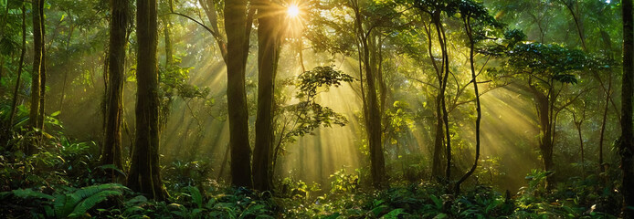 Fototapeta premium Sunlight streams through the tall trees of a vibrant forest, illuminating the greenery and creating a serene atmosphere in the early morning