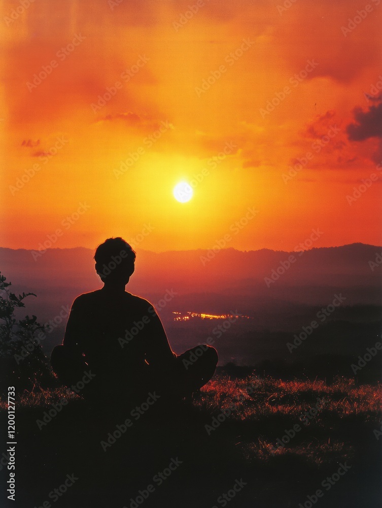 Poster silhouette of a traveler enjoying a stunning sunset view over rolling hills and valleys in the eveni