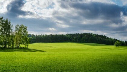 green discipline surrounded via trees on a cloudy day cloudy sky blurred background excessive pleasant photo