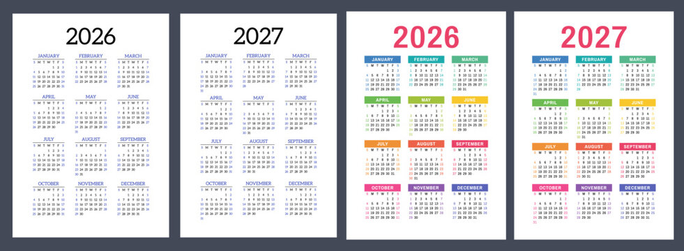 2026 and 2027 calendar set. Vector pocket calender design. Week starts on Sunday. January, February, March, April, May, June, July, August, September, October, November, December