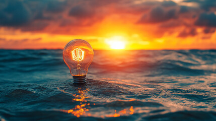 A single lightbulb floating partially submerged on calm clear water representing innovation ideas clarity and introspection with modern blurred background empty space for text or captions

