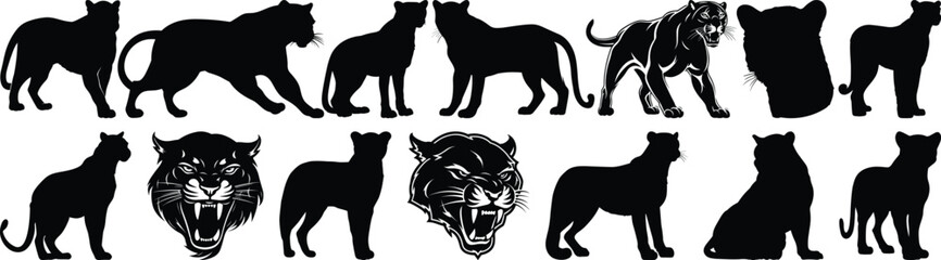 Panther silhouettes set, animal pack of vector silhouette design, isolated background