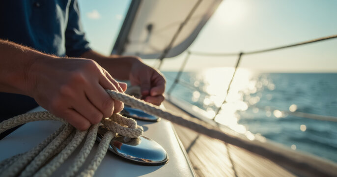 Close-up of hands tying rope on a sailboat during a sunny day at sea