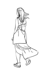 Hand drawn illustration of a walking girl in summer clothes, Long skirt and long hair fluttering in the wind, With a bag on her shoulder, Vector sketch, View from back