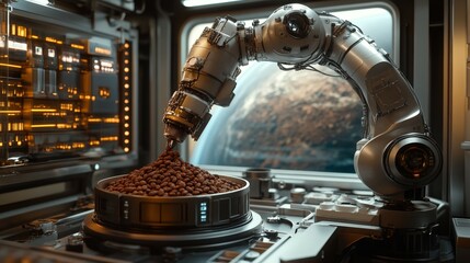 Robotic arm processes cacao beans in a high-tech lab on a distant planet
