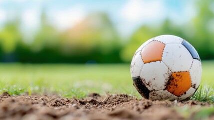 Brightly lit football resting on a field after an intense match