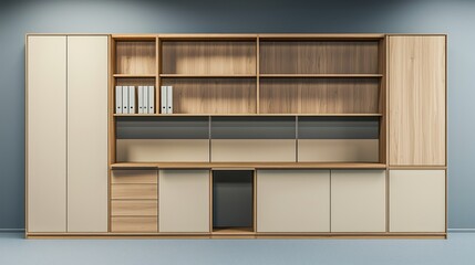 Fototapeta premium A chic office wall unit with soft beige and oak wood accents
