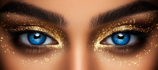 Naklejka premium Close Up Of Woman Eyes With Blue Iris, Dark Skin With Golden Paint, Dramatic Lighting
