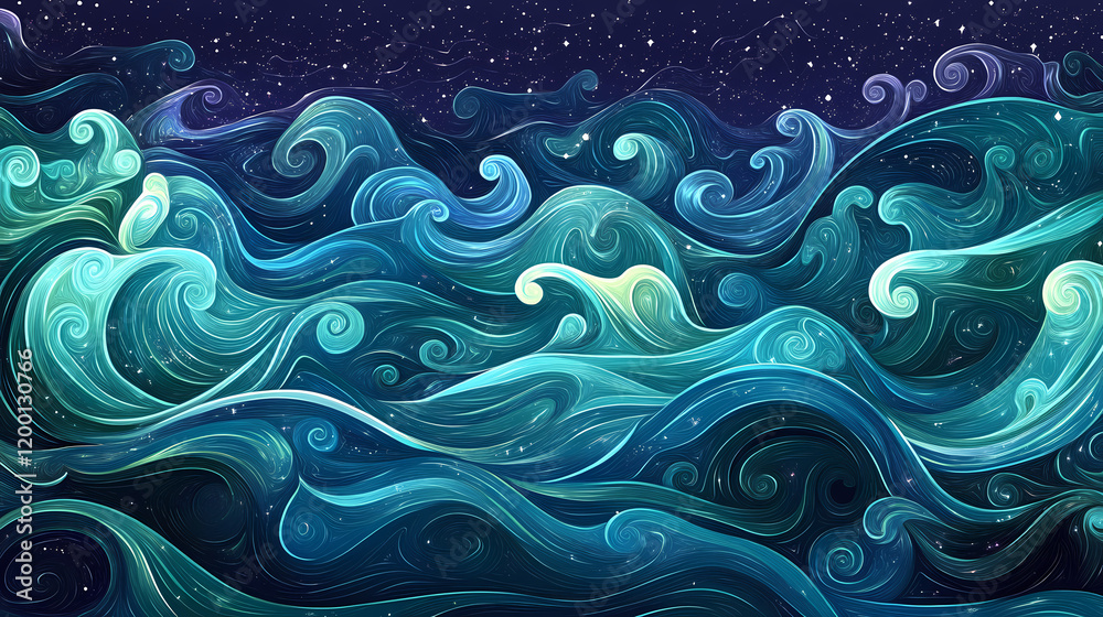 Canvas Prints shimmering waves in a cosmic ocean with teal and indigo. galactic ocean glow. illustration