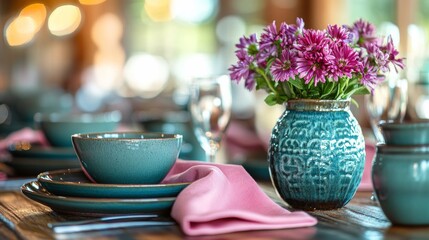 A minimalistic kitchen setup featuring teal tableware, pink napkins, and a vase of purple flowers on a wooden table