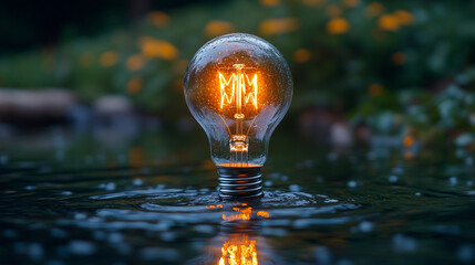 A single lightbulb floating partially submerged on calm clear water representing innovation ideas clarity and introspection with modern blurred background empty space for text or captions


