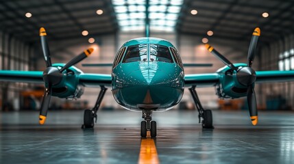 Close-up of a VTOL aircraft showcasing its sleek design and propellers in a spacious hangar