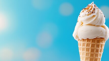 Delightful ice cream in a crispy cone topped with chocolate shavings