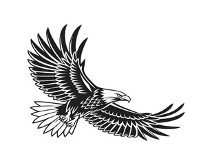 majestic black and white illustration of a soaring eagle with outstretched wings, showcasing intricate feather details and a powerful presence, perfect for wildlife and nature-themed designs.