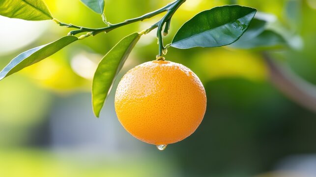 Fresh oranges hanging from a tree under warm sunlight in the garden