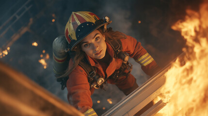 Brave woman firefighter climbs ladder to rescue in burning building during night emergency