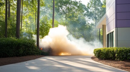 Smoke Rising from a Fire in a Forested Area Near a Modern Building Surrounded by Lush Greenery and Tall Trees in Bright Daylight