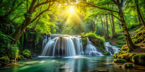 Obraz premium Water flows gracefully over multiple tiers of a waterfall surrounded by dense greenery and vibrant sunlight, creating a serene and tranquil atmosphere
