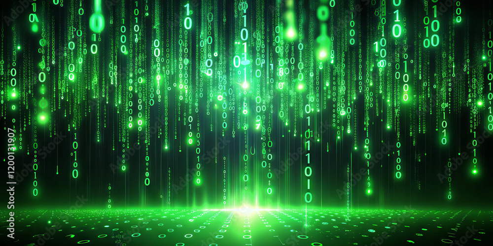 Poster a vibrant display of green binary code cascading vertically creates a digital rain effect, set again