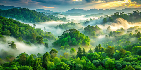 Naklejka premium A breathtaking view of a mountainous region with abundant greenery and mist. The sun peeks over the horizon, illuminating the forested land and creating a serene atmosphere