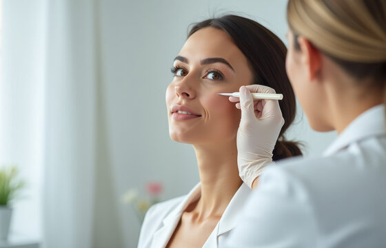 Young caucasian female receiving cosmetic consultation in medical office