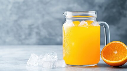 Refreshing squeezed orange juice served with ice in a glass pitcher