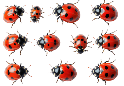 ladybugs collection - red and black insects on white background