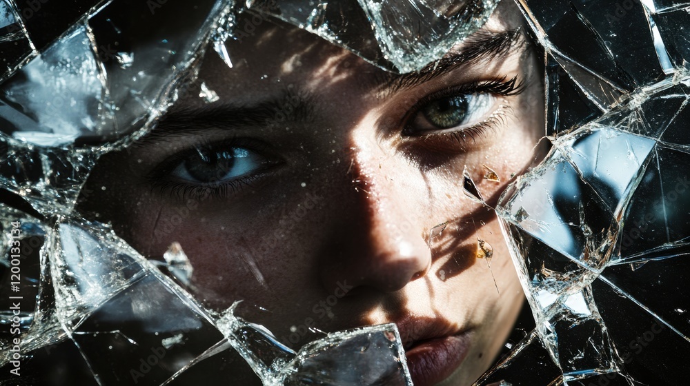 Aufkleber Shattered glass reflects a fragmented portrait of a persons face illuminated by light. Generative AI