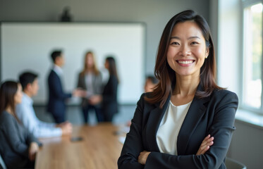 Obraz premium Confident asian businesswoman leading meeting in modern office workspace