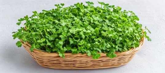 Fototapeta premium Fresh Microgreens in a Wicker Basket, Promoting Healthy Eating and Vegan Lifestyle, Stock Photo