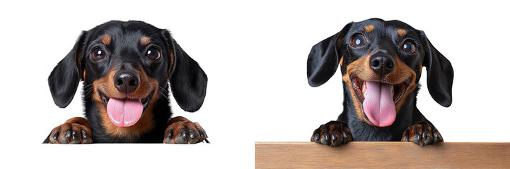 dachshund dog peeking over wooden sign