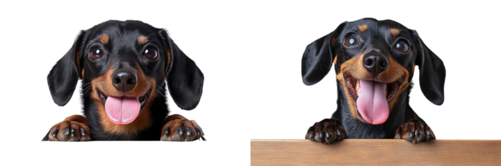 dachshund dog peeking over wooden sign