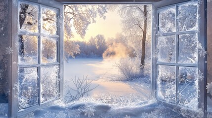 Frosty window reveals a serene winter landscape outside.