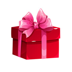 Gift box vector illustration. Present in red wrapping paper with pink bow. Cartoon festive illustration
