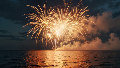 Fireworks display over calm water at night